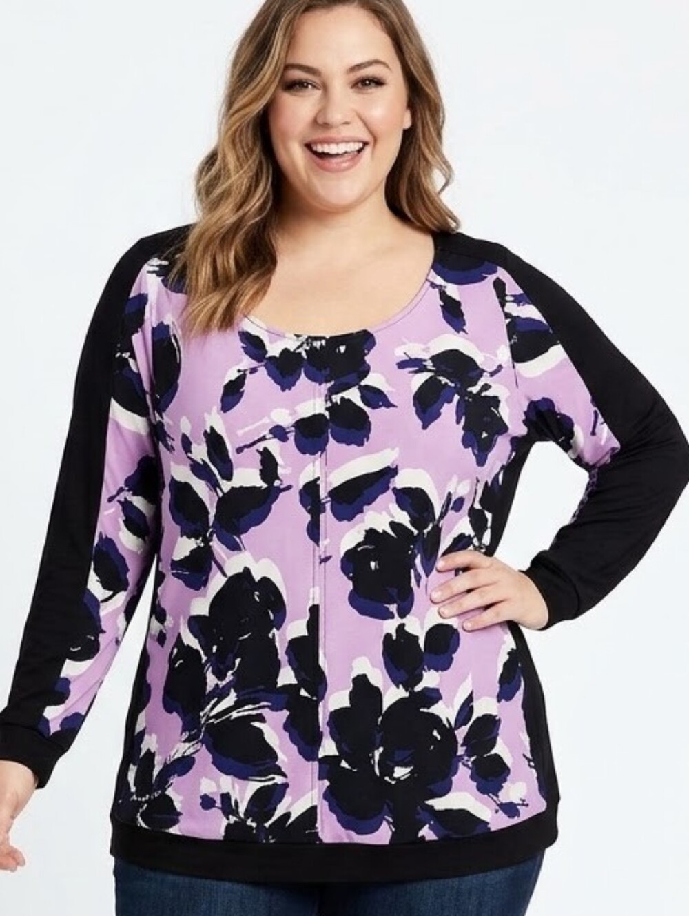 Worthington Plus Size Black and Purple Floral Blouse